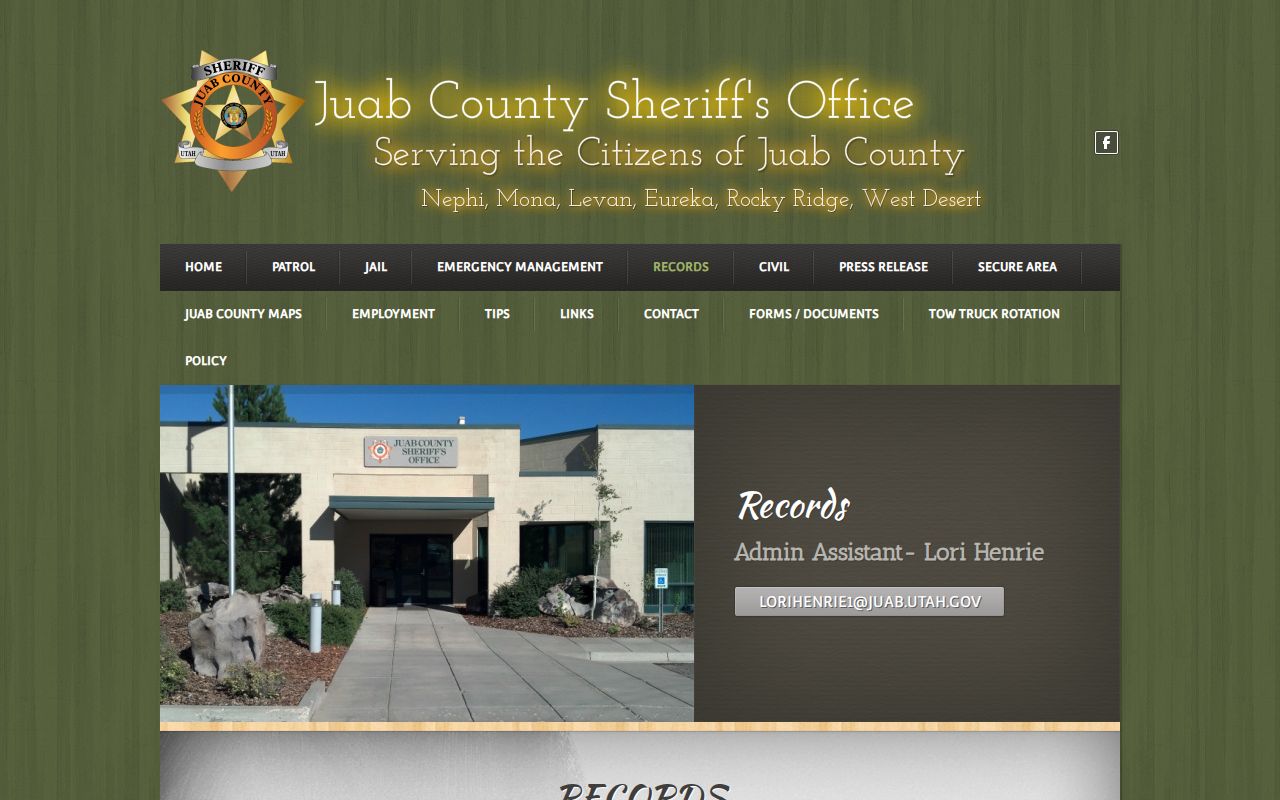 Juab County booking-record request page for sheriff-held records