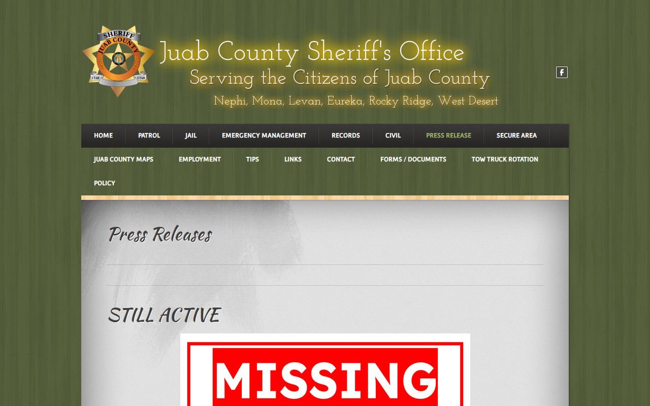 Juab County official press-release page showing no routine booking feed
