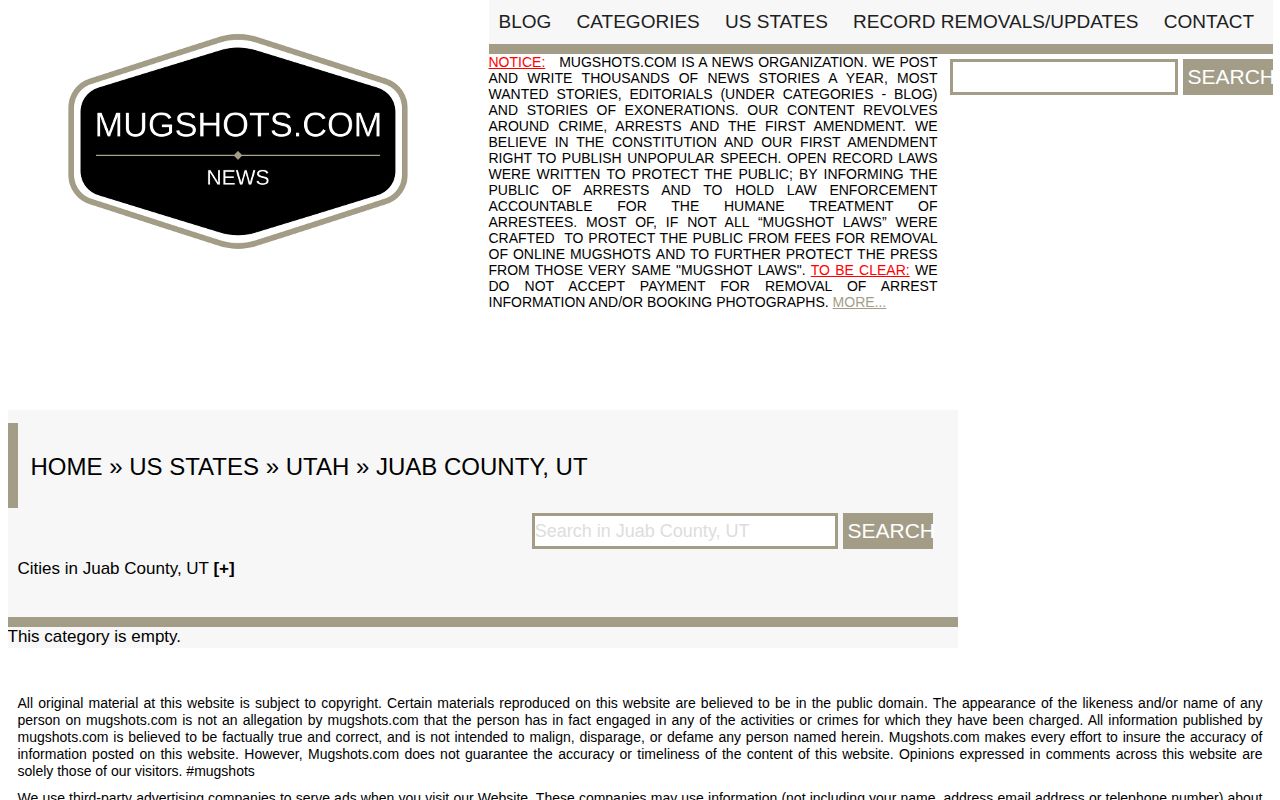Juab County third-party booking-record page with no current local listing