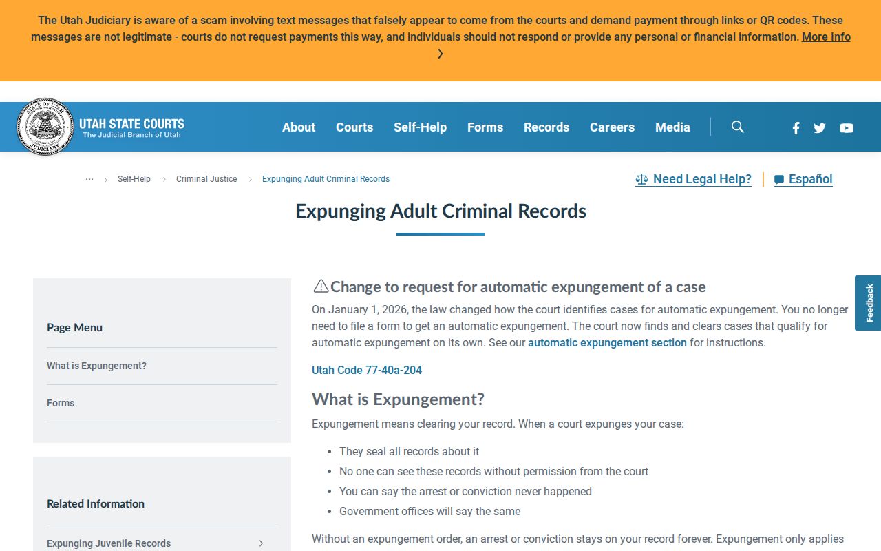 Juab County booking-record expungement path through Utah Courts