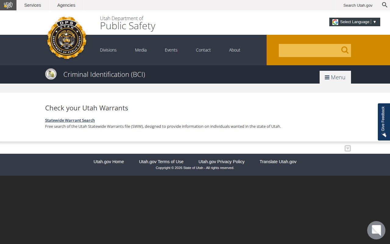 Utah warrant-check page for Juab County warrant confirmation